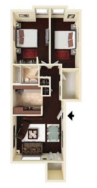 Floor plan for 2 beds, 1 bath, 790 sqft